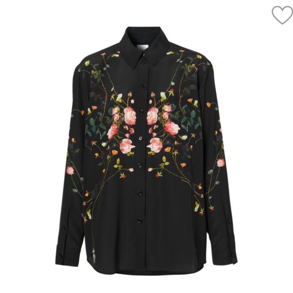Burberry Silk Black Casual Button Down Shirt with Floral Design